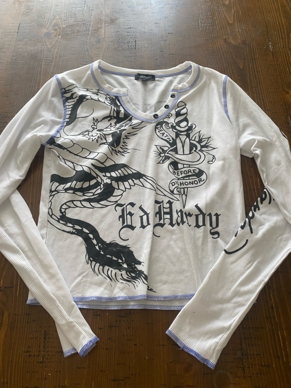 Ed Hardy White Long Sleeve Dragon & Dagger Graphic Tee